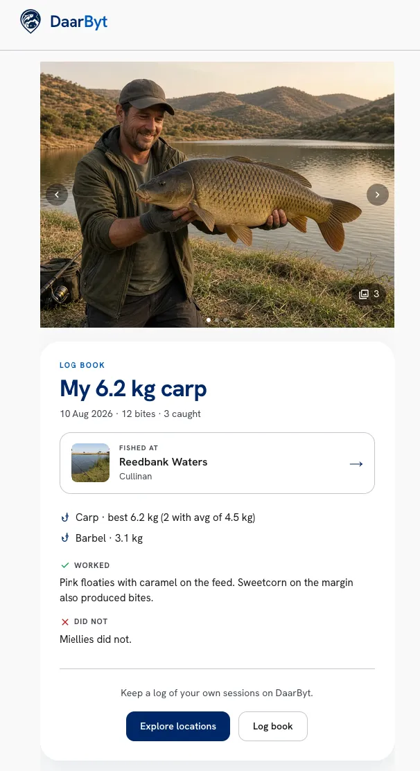 Guest catch card for a 6.2 kg carp at Reedbank Waters