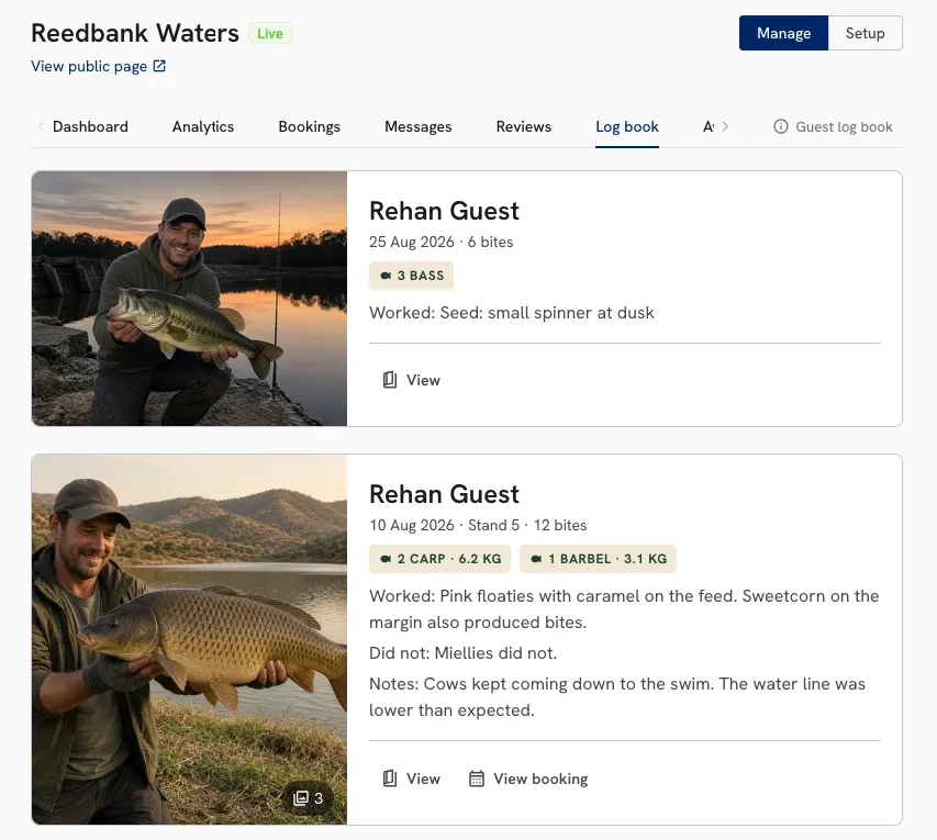 Owner Log book tab with guest session photos, species, and tactics