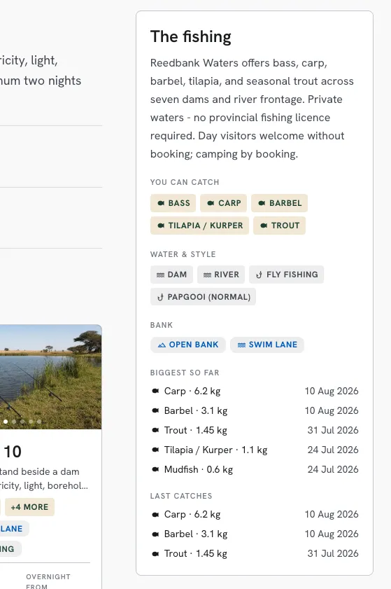 Public listing showing Biggest so far and Last catches