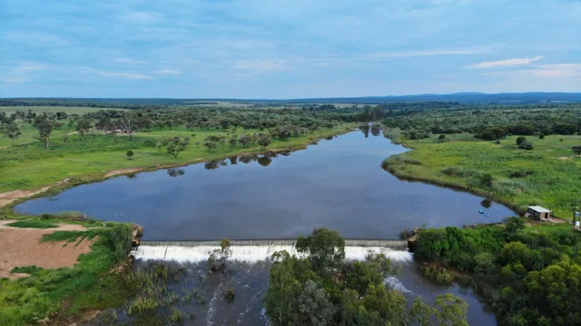 Aerial view of the river weir at Groendraai River Cottages | Groendraai River Cottages - Limpopo - Vaalwater