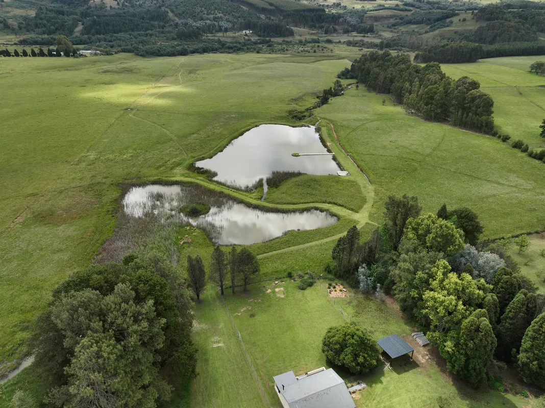 Cottage and dams from the air | Kamberg Valley Hideaway - KwaZulu-Natal - Kamberg - Spurwing Dam