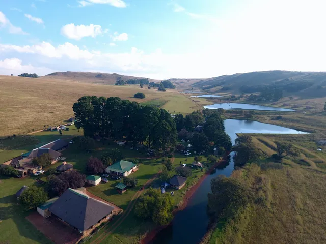 Aerial view of the farm dams and lodges | Elandskloof Trout Farm - Mpumalanga - Dullstroom