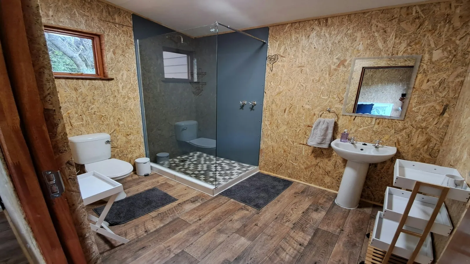 Bathroom with a glass shower and pedestal basin at Kudu, FleckVieh | Fleckvieh Guest Farm - Kudu - Western Cape - Swellendam