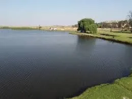 Dam with trees and camp structures | Camping and Fishing (Arrie se Dam) - Gauteng - Westonaria - Arrie se Dam