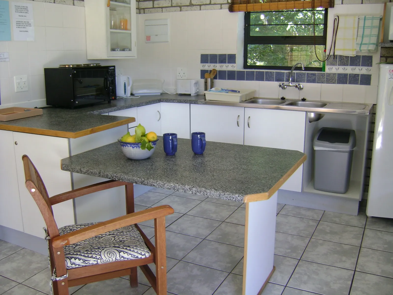 Kitchen counter with microwave, sink, and fruit at 5-Sleeper 2-bedroom Cottage 2, Rondegat Guest Farm | Rondegat Guest Farm - 5-Sleeper 2-bedroom Cottage 2 - Western Cape - Clanwilliam - Clanwilliam Dam